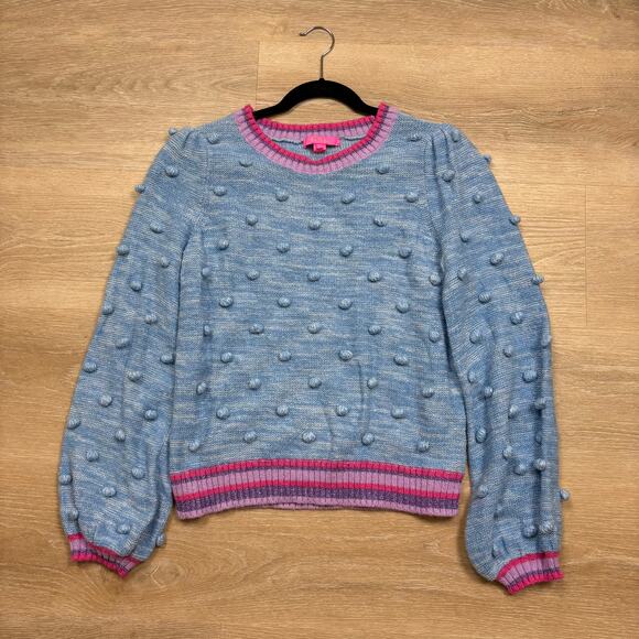 Lilly Pulitzer Verna Pom Pom Bobble Crew Neck Sweater Women’s L Color Blue/Pink - Picture 1 of 6